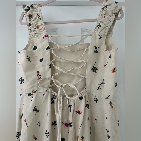 ZARA Embroidered Neutral Floral Linen Dress size Large - Picture 6 of 7